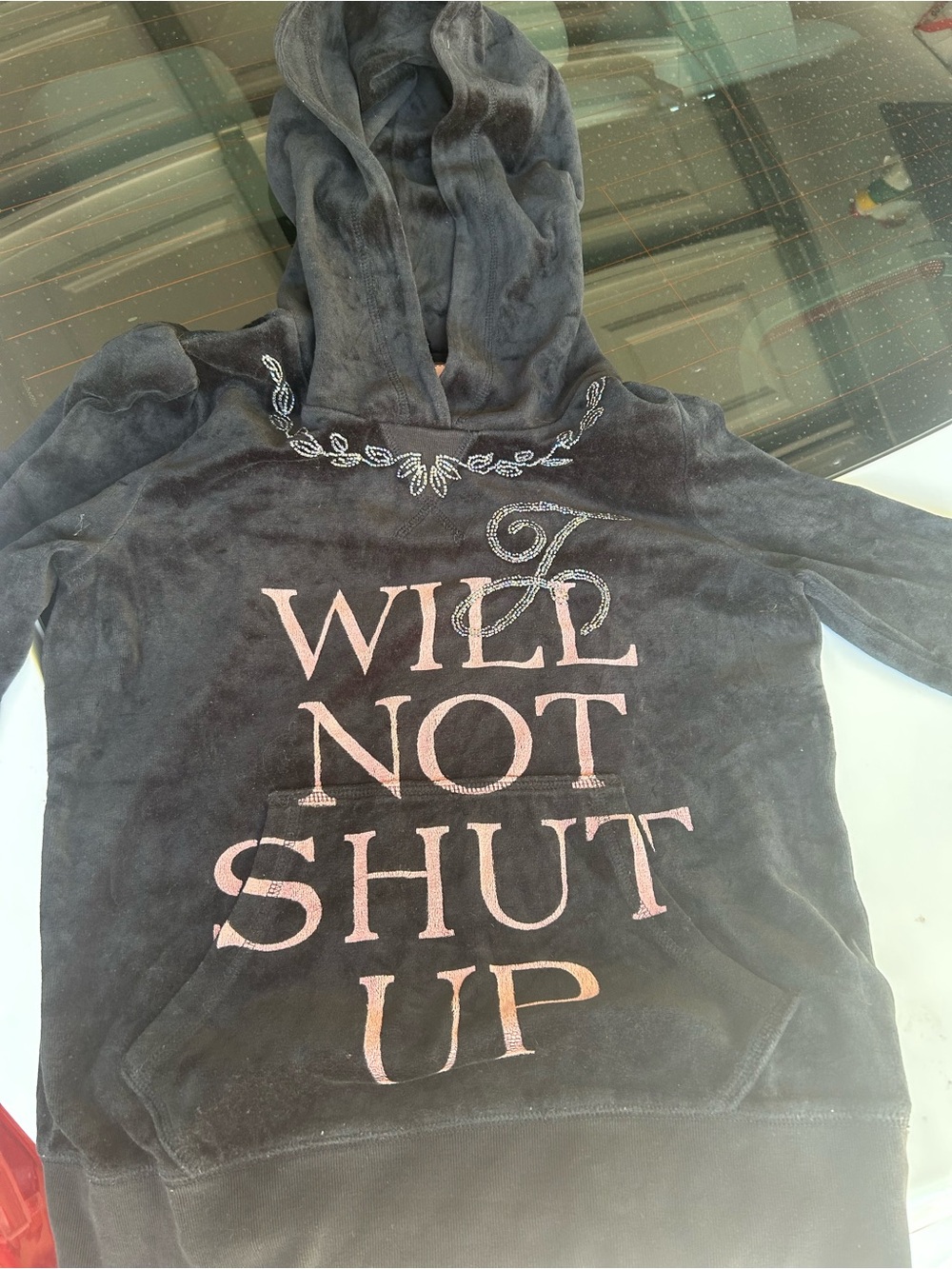 Juicy Couture Black Velour Hoodie with Pink Logo Patch